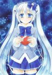  1girl blue_eyes blue_hair earmuffs fujiwara_minaho hatsune_miku heart long_hair marker_(medium) skirt smile snowflakes solo thigh-highs traditional_media twintails very_long_hair vocaloid yuki_miku 