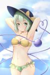  1girl adapted_costume armpits arms_behind_head arms_up bangs bikini_skirt black_hat blush bow breasts cleavage closed_mouth clouds cloudy_sky collarbone cowboy_shot day eyebrows_visible_through_hair gem green_bikini_top green_eyes green_hair halterneck hat hat_bow heart heart_of_string highres komeiji_koishi looking_at_viewer medium_breasts mismatched_bikini navel outdoors sapphire_(stone) short_hair sidelocks sky smile solo standing stomach tareme third_eye touhou under_boob yellow_bikini_top yellow_bow zakkuru_(zacky424) 