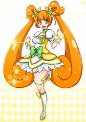  1girl boots choker cure_rosetta dokidoki!_precure double_bun flower hair_flower hair_ornament hair_ribbon long_hair magical_girl matching_hair/eyes nakoshe orange_eyes orange_hair precure puffy_sleeves ribbon skirt smile solo tied_hair twintails wrist_cuffs yellow_background yotsuba_alice 