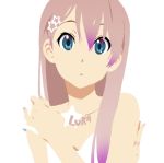  1girl 3aya_n bare_shoulders blue_eyes bodyart gradient_hair hair_ornament hairclip k-on! long_hair lowres megurine_luka multicolored_hair nail_polish parody pink_hair simple_background solo star strap_slip style_parody tattoo vocaloid white_background 