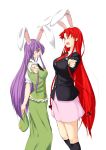  2girls ;d animal_ears blazer braid breasts cosplay costume_switch expressive_clothes female hat hat_removed headwear_removed highres hong_meiling hong_meiling_(cosplay) large_breasts long_hair multiple_girls necktie niwatazumi one_eye_closed open_mouth pointing purple_hair rabbit_ears red_necktie redhead reisen_udongein_inaba reisen_udongein_inaba_(cosplay) simple_background skirt smile star touhou twin_braids very_long_hair white_background wink 