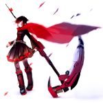  1girl black_legwear boots cape corset cross-laced_footwear dress huge_weapon lace-up_boots looking_at_viewer motion_blur pantyhose red_cape ruby_rose rwby scythe short_hair skirt so-bin solo weapon white_background 