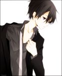  1boy black_eyes black_hair formal kirito male_focus short_hair solo suit sword_art_online tsukimori_usako undressing 