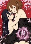  2girls black_hair blanket blush brown_hair cherry_blossoms closed_eyes cover cover_page doujin_cover hirasawa_yui hug jewelry k-on! long_hair looking_at_viewer lying multiple_girls nakano_azusa nude official_style on_side open_mouth ragho_no_erika ring round_teeth short_hair smile teeth twintails yuri 
