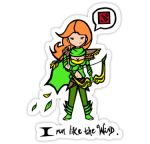  1girl armor arrow artist_request bow_(weapon) cape clevage_cutout defense_of_the_ancients dota_2 full_body green_eyes green_scarf green_shirt leaf leggings long_hair lowres lyralei redhead scarf shirt shoulder_pads smile solo standing text weapon 