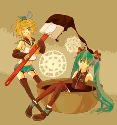  2girls :q blonde_hair bowl chocolate food garter_straps green_eyes green_hair hair_ornament hairclip hatsune_miku highres in_food kagamine_rin long_hair lunya midriff minigirl multiple_girls one_eye_closed sailor_collar short_hair shorts sleeves_past_wrists thigh-highs tongue tongue_out twintails very_long_hair vocaloid wink 