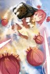  1girl akaza_akari bazooka clouds hair_bun highres laser maruyama_chinatsu open_mouth redhead rocket_launcher school_uniform serafuku sky smoke weapon yuru_yuri 