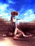  1girl blue_eyes blue_hair brick_wall cape clouds crown hatsune_miku highres horns kogarashi_midori paper sitting sky solo the_beast_(vocaloid) thigh-highs vocaloid wariza 