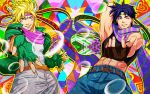  2boys 9tt6 abs battle_tendency belt black_hair blonde_hair blue_eyes bubble caesar_anthonio_zeppeli colorful crop_top cropped_jacket fabulous facial_mark feathers fingerless_gloves gloves green_eyes headband jacket jojo_no_kimyou_na_bouken joseph_joestar_(young) male_focus midriff multiple_boys patterned_background ribbon scarf shirt sleeveless striped striped_scarf tight white_pants white_shirt wink 