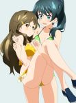  2girls bikini blush brown_eyes brown_hair carrying green_bikini green_eyes green_hair highres long_hair multiple_girls open_mouth ponytail princess_carry saegusa_wakaba shinomiya_himawari sujiko_(pixiv930860) swimsuit vividred_operation yellow_bikini 