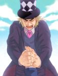  1boy blonde_hair foo-xxx hand_holding hat jojo_no_kimyou_na_bouken long_coat male_focus necktie robert_eo_speedwagon scar solo_focus tears top_hat 