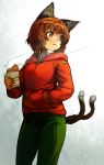  1girl :t alternate_costume animal_ears breasts brown_eyes brown_hair cat_ears cat_tail chen contemporary eating female food hand_in_pocket hood hoodie jacket large_breasts multiple_tails nekomata no_hat no_headwear pants sachito short_hair solo steam sweatpants tail taiyaki touhou wagashi 