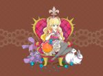  1girl anklet aqua_eyes bad_id blonde_hair bow broken_heart dress flower frilled_dress frills jewelry long_hair ng_(kimjae737) petals puffy_sleeves rabbit rose seeu solo stuffed_animal stuffed_bunny stuffed_toy thigh-highs throne vocaloid 