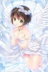  1girl breasts brown_hair dress flower green_eyes jewelry lowres necklace open_mouth reum short_hair sword_girls wings 
