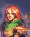  1girl armor arrow artist_request cleavage_cutout defense_of_the_ancients dota_2 green_eyes green_scarf jewelry long_hair lyralei nose_piercing orange_hair piercing quiver redhead scarf shoulder_pads smile solo solo_focus 