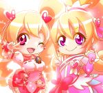  2girls ;d aida_mana blonde_hair blush bow color_connection corset cure_heart cure_peach curly_hair dokidoki!_precure eyelashes fresh_precure! hair_ornament heart heart_hair_ornament long_hair look-alike magical_girl momozono_love multiple_girls one_eye_closed open_mouth pink_bow pink_eyes precure ribbon smile tochiringo twintails v wink 