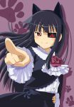  &gt;:) 1girl animal_ears black_hair bow cat_ears cosplay dress eyepatch fake_animal_ears flower gokou_ruri gokou_ruri_(cosplay) gothic_lolita hand_on_hip hime_cut kamelie lolita_fashion long_hair look-alike mirai_(senran_kagura) ore_no_imouto_ga_konna_ni_kawaii_wake_ga_nai pointing red_eyes rose senran_kagura senran_kagura_(series) smile smirk standing 