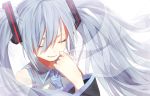  1girl alternate_hair_color closed_eyes grey_hair nyk_111 portrait simple_background solo translucent twintails veil vocaloid white_background 
