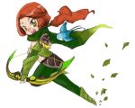  1girl arrow barefoot bird bow_(weapon) cape cleavage_cutout clevage_cutout defense_of_the_ancients dota_2 full_body green_scarf leaf long_hair lowres lyralei open_mouth orange_hair ponytail redhead running scarf shoulder_pads simple_background solo spidercandy_(99hunters) toeless_socks weapon white_background yellow_eyes 