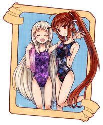  2girls blonde_hair brown_hair closed_eyes competition_swimsuit innertube little_busters!! long_hair multiple_girls natsume_rin noumi_kudryavka one-piece_swimsuit ponytail red_eyes sakuragayu_ryun star star_print swimsuit 