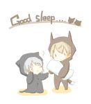  2girls animal_costume blonde_hair chibi closed_eyes eila_ilmatar_juutilainen english engrish md5_mismatch multiple_girls pillow pixiv_manga_sample ranguage sanya_v_litvyak satoshi_(peso727) silver_hair sleepy strike_witches world_witches_series 