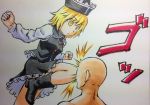  1boy 1girl bald blonde_hair bold boots faceless faceless_male hat in_the_face kawachi_koorogi knee_strike lunasa_prismriver marker_(medium) outstretched_arm short_hair touhou traditional_media yellow_eyes 