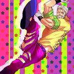  1boy beard bloody_stream blue_eyes colorful derivative_work fabulous facial_hair gloves grey_hair high_kick hip_bones hydroball jojo_no_kimyou_na_bouken joseph_joestar kicking lowres male_focus old one_eye_closed pants parody solo torn_clothes torn_pants white_hair wink 