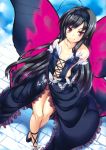  1girl absurdres accel_world antenna_hair bare_shoulders black_hair blush butterfly butterfly_wings dress elbow_gloves gloves hairband highres ichijou_hitoshi kuroyukihime legs long_hair looking_at_viewer navel sky smile solo wings 