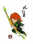  1girl armor arrow artist_request bow_(weapon) defense_of_the_ancients dota_2 green_eyes green_scarf green_shirt jumping long_hair lyralei redhead scarf shirt shoulder_pads weapon 