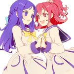  2girls aida_mana blue_eyes blue_hair braid dokidoki!_precure flipped_hair guriribalove half_updo hand_holding hishikawa_rikka long_hair multiple_girls pink_eyes pink_hair precure school_uniform serafuku short_hair smile white_background 