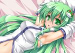  1girl armpits arms_up detached_sleeves female frog_hair_ornament green_eyes green_hair hair_ornament kochiya_sanae long_hair looking_at_viewer lying navel on_back open_mouth roura smile snake solo touhou upper_body 
