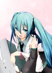  1girl apron aqua_eyes aqua_hair chocolate dd_mayohara detached_sleeves food food_on_face hair_ribbon hatsune_miku long_hair looking_at_viewer necktie open_mouth ribbon solo twintails very_long_hair vocaloid 