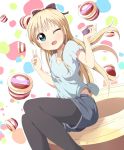  1girl :d ;d black_legwear blonde_hair blue_eyes blush casual fashion food hair_ribbon highres ice_cream legwear_under_shorts long_hair looking_at_viewer one_eye_closed open_mouth pantyhose ribbon rum_raisin shirt shorts sitting smile solo t-shirt tata_(tataice) toshinou_kyouko v wink yuru_yuri 