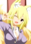  1girl animal_ears anime_coloring blazer blonde_hair blush breasts cleavage cosplay female fox_tail large_breasts long_sleeves merry_(diameri) no_hat no_headwear open_mouth reisen_udongein_inaba reisen_udongein_inaba_(cosplay) short_hair smile solo tail touhou upper_body v yakumo_ran yellow_eyes 