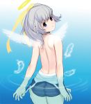  1girl angel_wings bare_back blue_eyes feathers halo masao one-piece_swimsuit original partially_submerged school_swimsuit silver_hair solo swimsuit swimsuit_pull topless water wings 