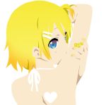  1girl 3aya_n arm_up back bare_shoulders blonde_hair blue_eyes bodypaint covered_mouth from_behind hair_ornament hairclip heart k-on! kagamine_rin looking_back lowres nail_polish parody short_hair simple_background solo style_parody tattoo vocaloid 