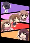  5girls atarashi_ako b3 blush brown_hair cardigan chibi closed_eyes long_hair matsumi_kuro matsumi_yuu multiple_girls ponytail ribbon sagimori_arata saki saki_achiga-hen short_hair sleeveless smile takakamo_shizuno track_jacket 