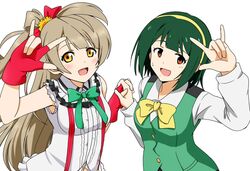  2girls brown_eyes brown_hair crossover green_hair hairband hand_holding idolmaster interlocked_fingers kamelie long_hair love_live!_school_idol_project minami_kotori multiple_girls namesake navel open_mouth otonashi_kotori short_hair smile 