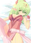  1girl breasts chiki chiki_(fire_emblem) cleavage dragon fire_emblem fire_emblem:_kakusei fire_emblem:_mystery_of_the_emblem garter_straps gloves green_eyes green_hair hair_ornament kourourin light_smile long_hair looking_at_viewer lying naughty_face nintendo older on_back pink_legwear pointy_ears ribbon solo thigh-highs 