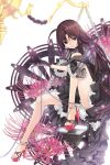  1girl antenna_hair black_eyes brown_hair chains dress elbow_gloves feet flower gloves high_heels leg_hug long_hair original riki_(elseeker) shoes sitting solo spider_lily string 