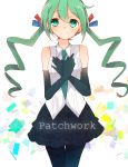  1girl elbow_gloves gloves green_eyes green_hair hands_on_own_chest hatsune_miku highres kawahara_chisato kawara long_hair necktie pantyhose project_diva project_diva_(series) project_diva_extend skirt solo twintails vocaloid 