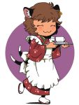  1girl :3 alternate_costume animal_ears apron blush brown_hair cat_ears cat_tail chen closed_eyes cup female full_body japanese_clothes kimono multiple_tails no_hat no_headwear onikobe_rin short_hair solo tail teacup touhou tray 