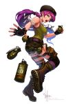  1girl belt beret boots breasts camouflage combat_boots dog_tags explosive fingerless_gloves gloves green_eyes grenade hat long_hair military mole original pink_hair ponytail shorts smoke_grenade tank_top thigh-highs thigh_pouch wen_juinn 