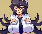  1girl black_hair breast_suppress breasts extra_mouth filia_(skullgirls) huge_breasts impossible_clothes impossible_shirt long_hair necktie prehensile_hair red_eyes samson_(skullgirls) shirt skullgirls solo thigh-highs wasabi_(umiumicat) 