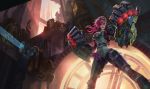  1girl belt blue_eyes collar earrings gauntlets goggles jewelry league_of_legends leg_armor nose_piercing official_art paul_kwon piercing pink_hair shoulder_pads vi_(league_of_legends) 