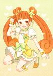  1girl bad_id boots choker cure_rosetta dokidoki!_precure double_bun flower full_body hair_flower hair_ornament hair_ribbon knee_boots kneeling long_hair magical_girl matching_hair/eyes mizutamako orange_eyes orange_hair precure puffy_sleeves ribbon skirt smile solo tied_hair twintails wrist_cuffs yellow_background yotsuba_alice 