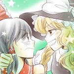  2girls black_hair blonde_hair blush bow ckg1204 embarrassed eye_contact face female flat_gaze grin hakurei_reimu hat hat_bow kirisame_marisa looking_at_another multiple_girls profile smile star touhou 