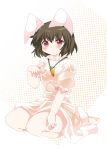  1girl animal_ears barefoot blush brown_hair carrot carrot_necklace dress female hammer_(sunset_beach) inaba_tewi jewelry necklace pendant rabbit_ears red_eyes short_hair solo touhou wet wet_clothes wet_dress 