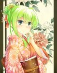  1girl aa-rance female flower green_eyes green_hair hair_ornament highres japanese_clothes kimono kochiya_sanae long_hair obi sash smile snake_hair_ornament touhou 