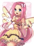 1girl bangle blue_eyes blush bracelet butterfly butterfly_hair_ornament detached_sleeves dress fluttershy hair_ornament hairpin jewelry long_hair looking_at_viewer magister_(bigbakunyuu) magister_(medical_whiskey) my_little_pony my_little_pony_friendship_is_magic necklace open_mouth personification pink_hair solo stuffed_animal stuffed_bunny stuffed_toy wings 